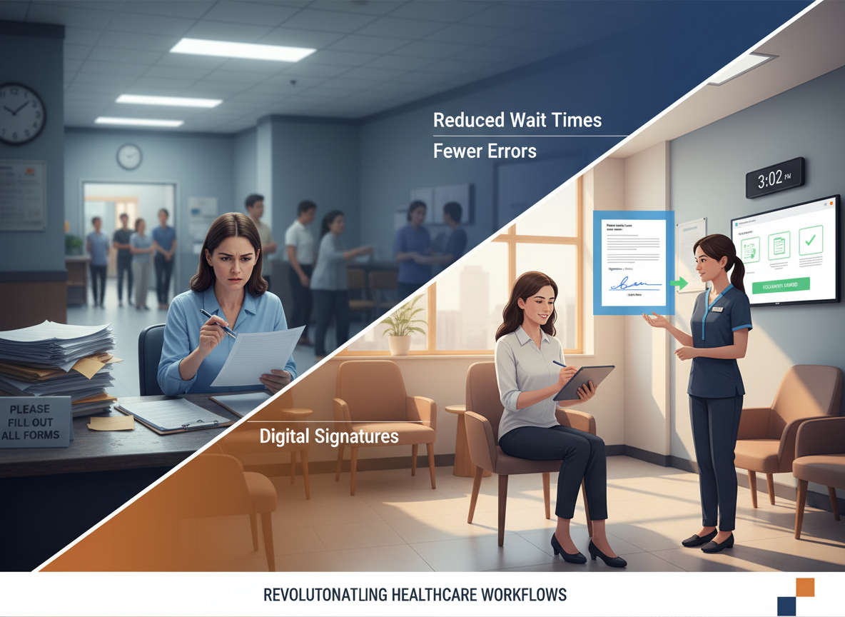 Split image showing patient intake process with paper forms versus digital signatures, highlighting reduced wait times and fewer errors.