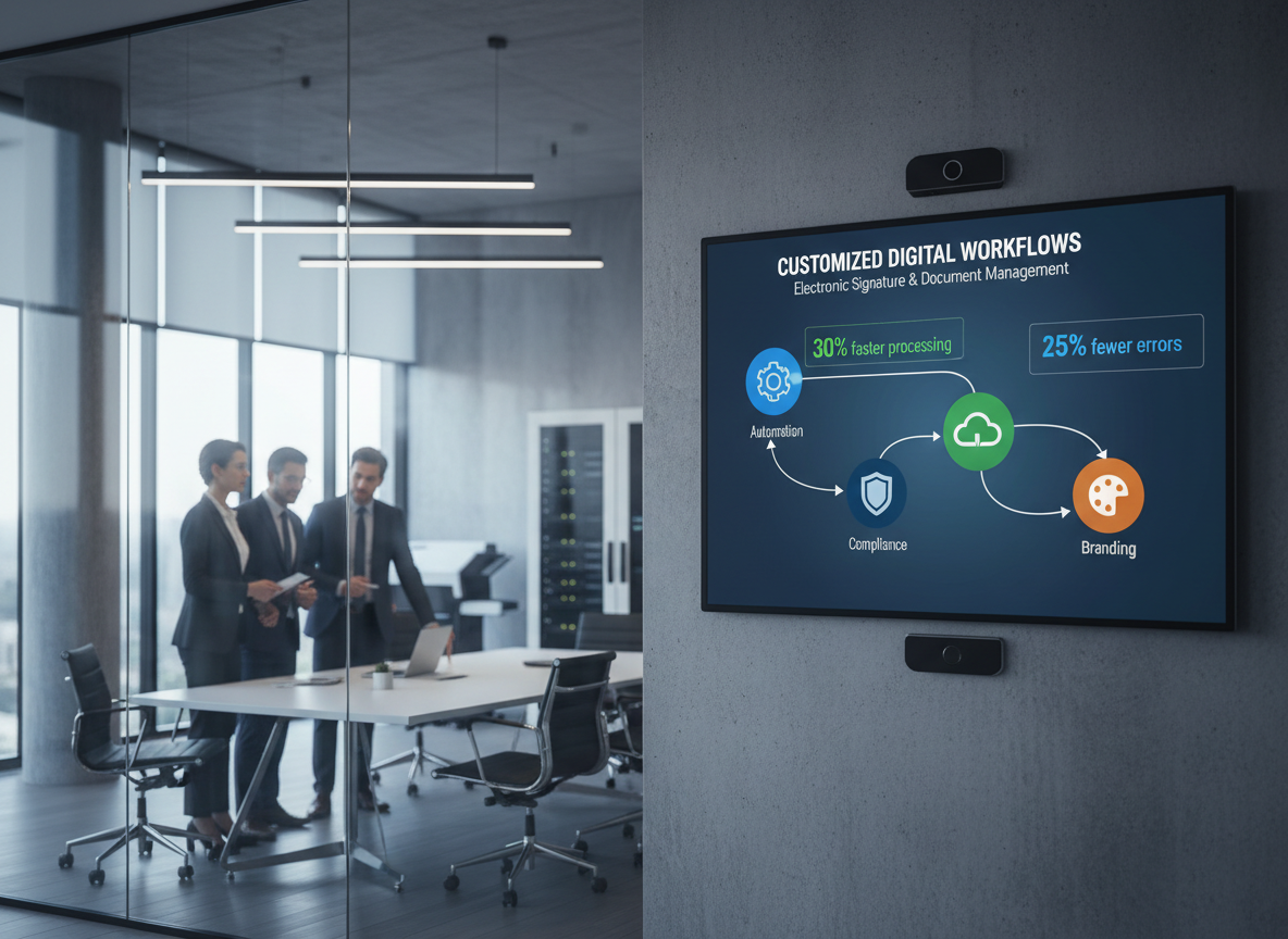 Interactive diagram of a customizable digital signature workflow displayed on a touchscreen in a modern office, showcasing automation, integration, compliance, and branding elements.