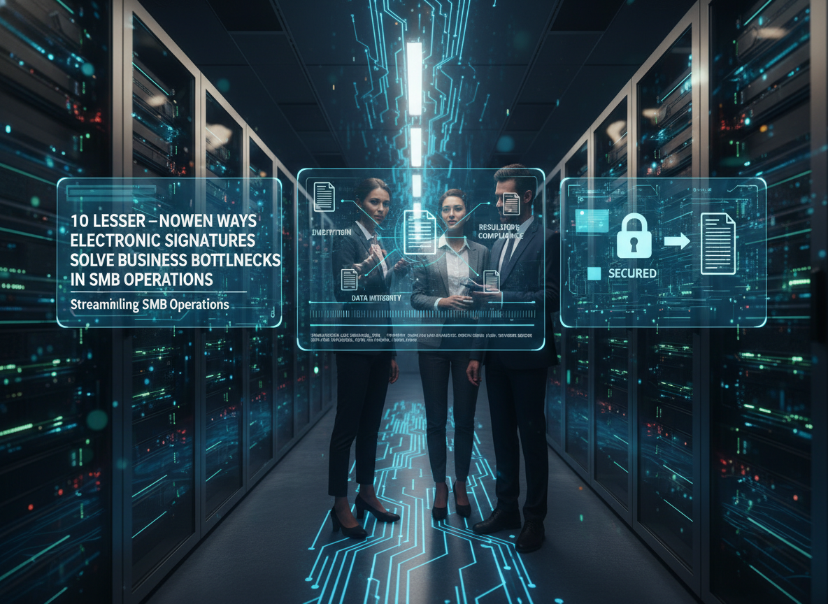 A futuristic server room scene illustrating the security and compliance features of electronic signatures, including encryption and audit trails.
