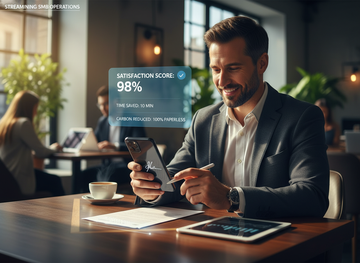 Customer signing a document on a smartphone in a café setting with satisfaction metrics displayed above.