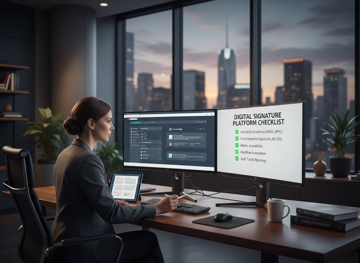 A professional comparing digital signature platforms on dual monitors in a tech-forward office, with a checklist of essential features displayed.