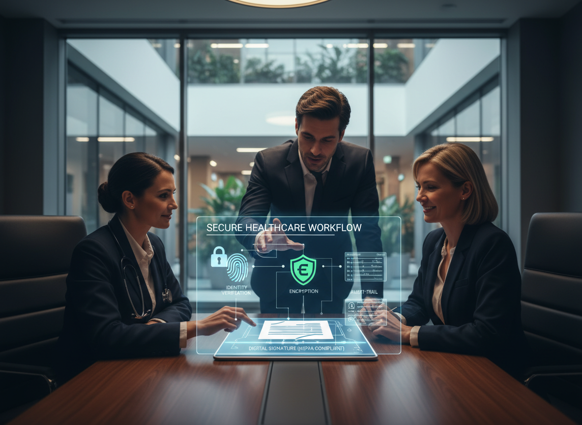 Visual representation of HIPAA-compliant digital signature features with encryption, identity verification, and audit trails in a healthcare context.