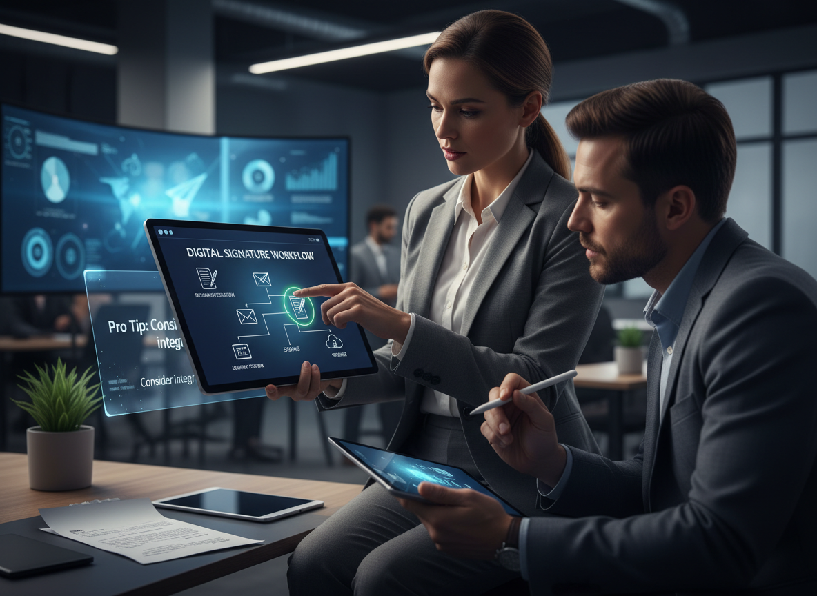 Digital flowchart of the signature workflow process displayed on a tablet in a tech-driven HR office.
