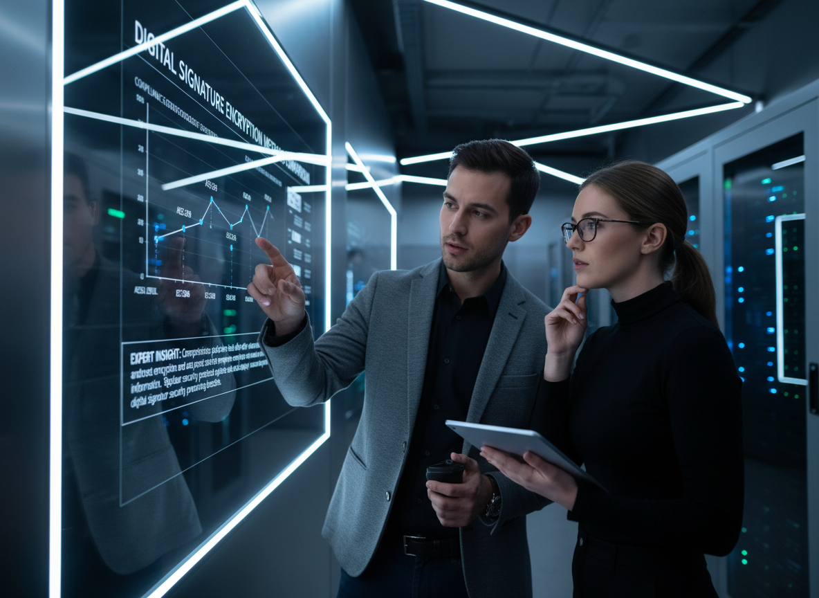 Chart on a digital monitor comparing encryption methods for digital signatures in a cybersecurity lab.