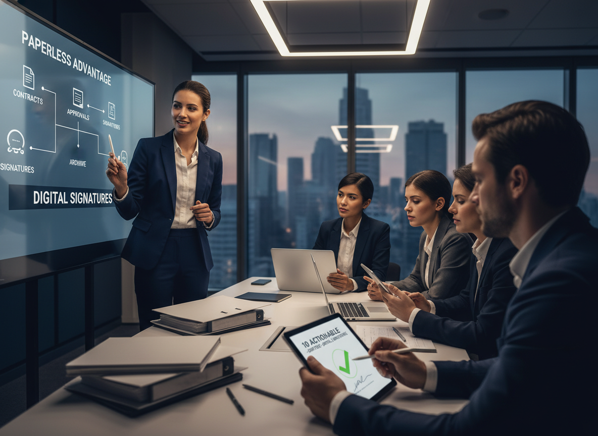 A training session in progress, with a presenter explaining the benefits of paperless workflows to an engaged team using modern digital tools.