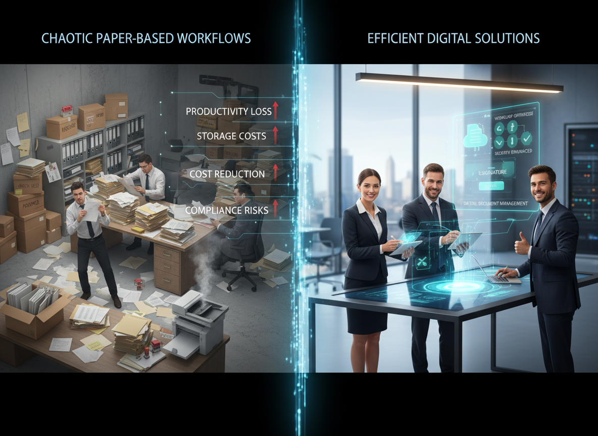 A striking comparison of chaotic paper-based workflows versus efficient digital solutions, highlighting productivity losses, storage costs, and compliance risks.