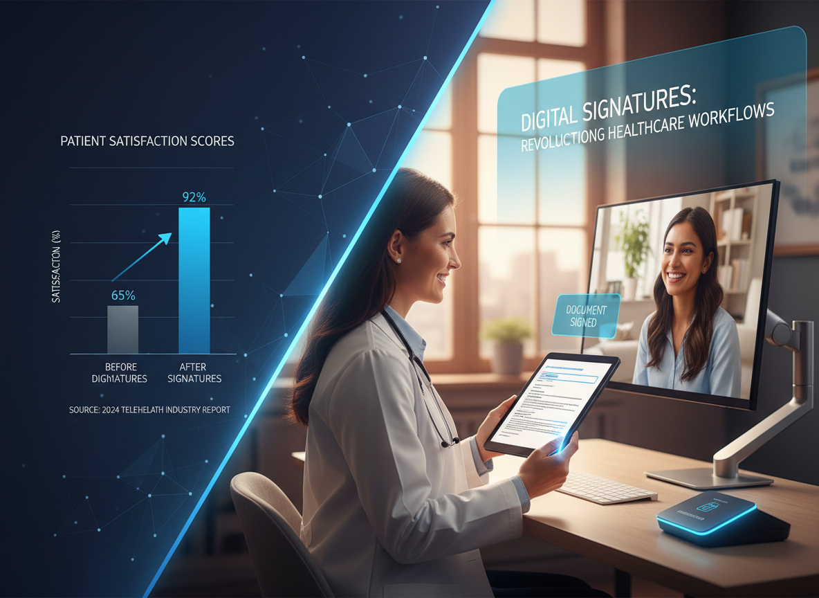 Chart showing patient satisfaction scores before and after digital signature implementation in telehealth, with a telehealth consultation scene.