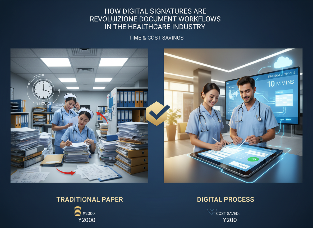 Comparison of traditional paper-based workflow and digital signature process in a hospital setting showing time and cost savings.