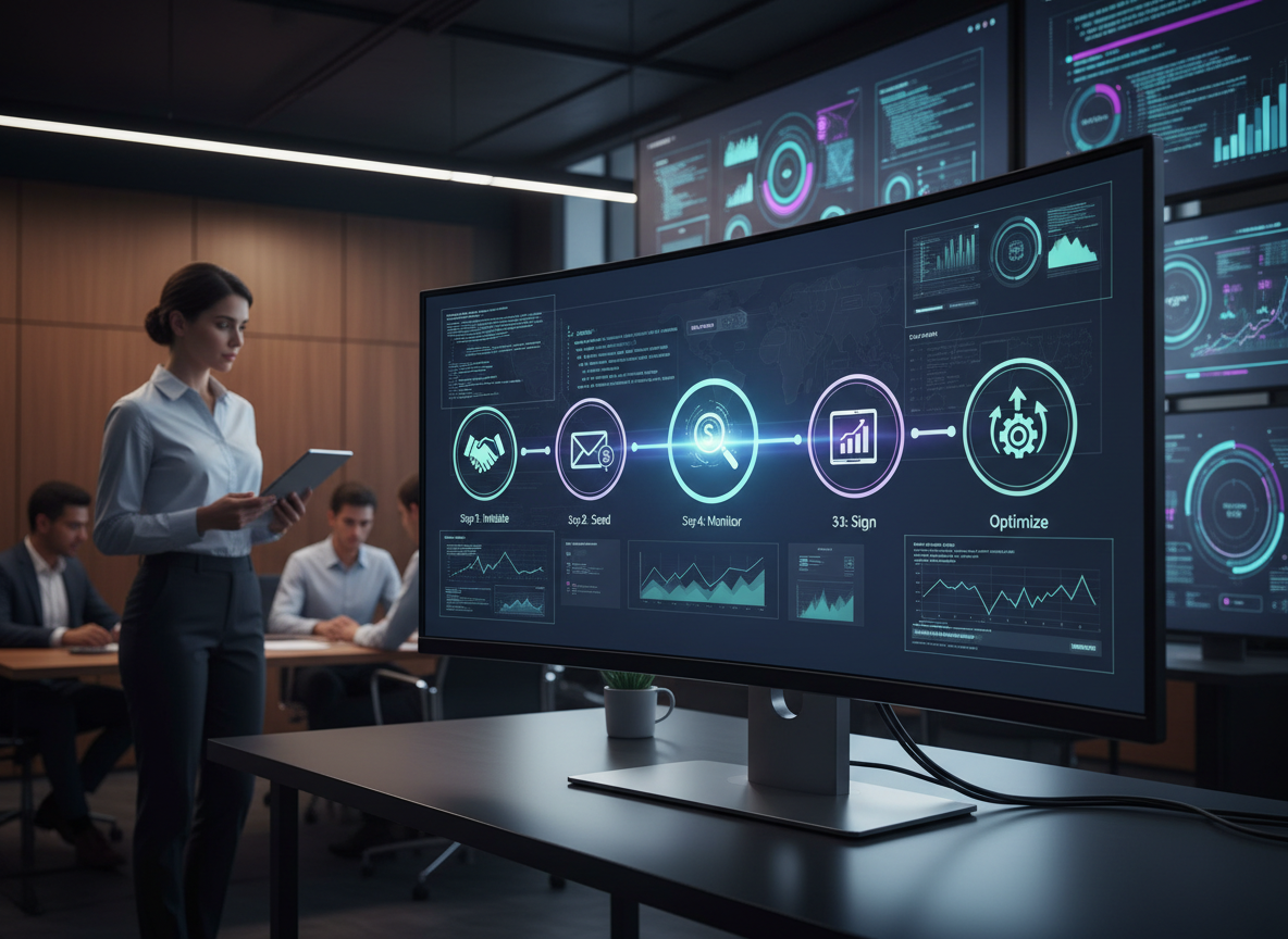 Step-by-step timeline illustrating the Zignature Framework with icons for initiating, sending, signing, monitoring, and optimizing workflows.