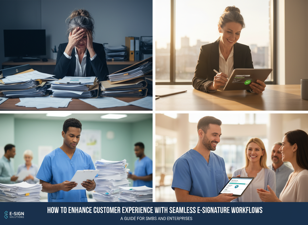 Before-and-after scenes of a real estate agent and healthcare provider demonstrating the transition from paper-based workflows to efficient e-signature solutions.
