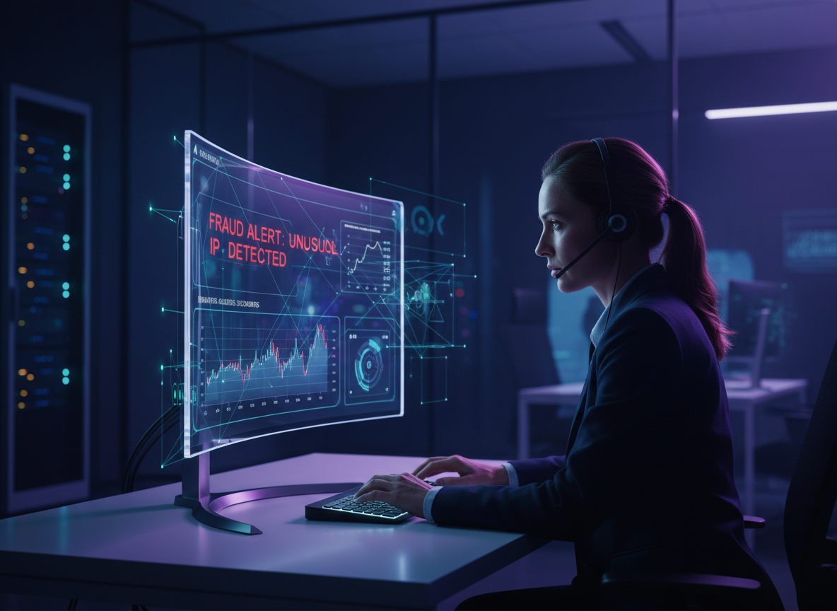 A holographic AI-powered dashboard in a sleek office showing real-time fraud detection alerts and analytics charts on electronic signatures.