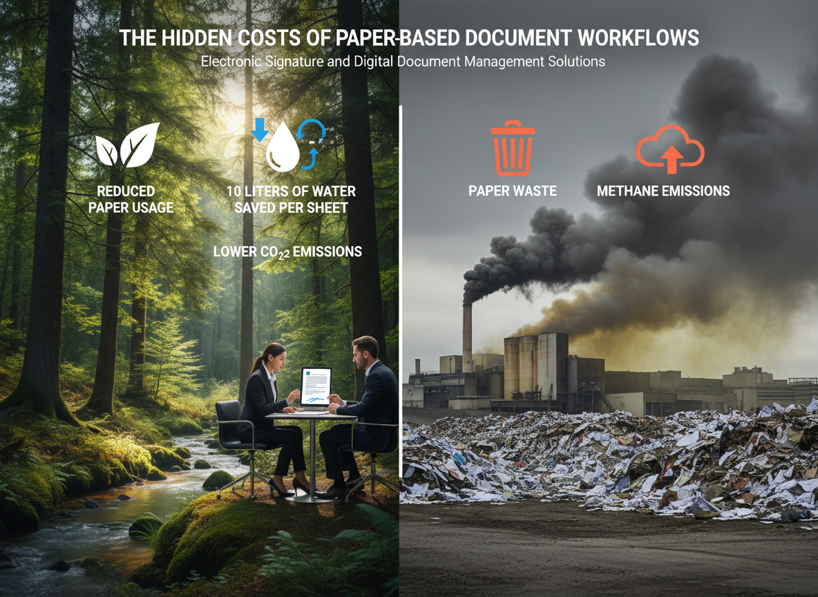 An impactful comparison of the environmental benefits of e-signatures versus paper-based workflows, showing reductions in paper usage, water consumption, and CO2 emissions.