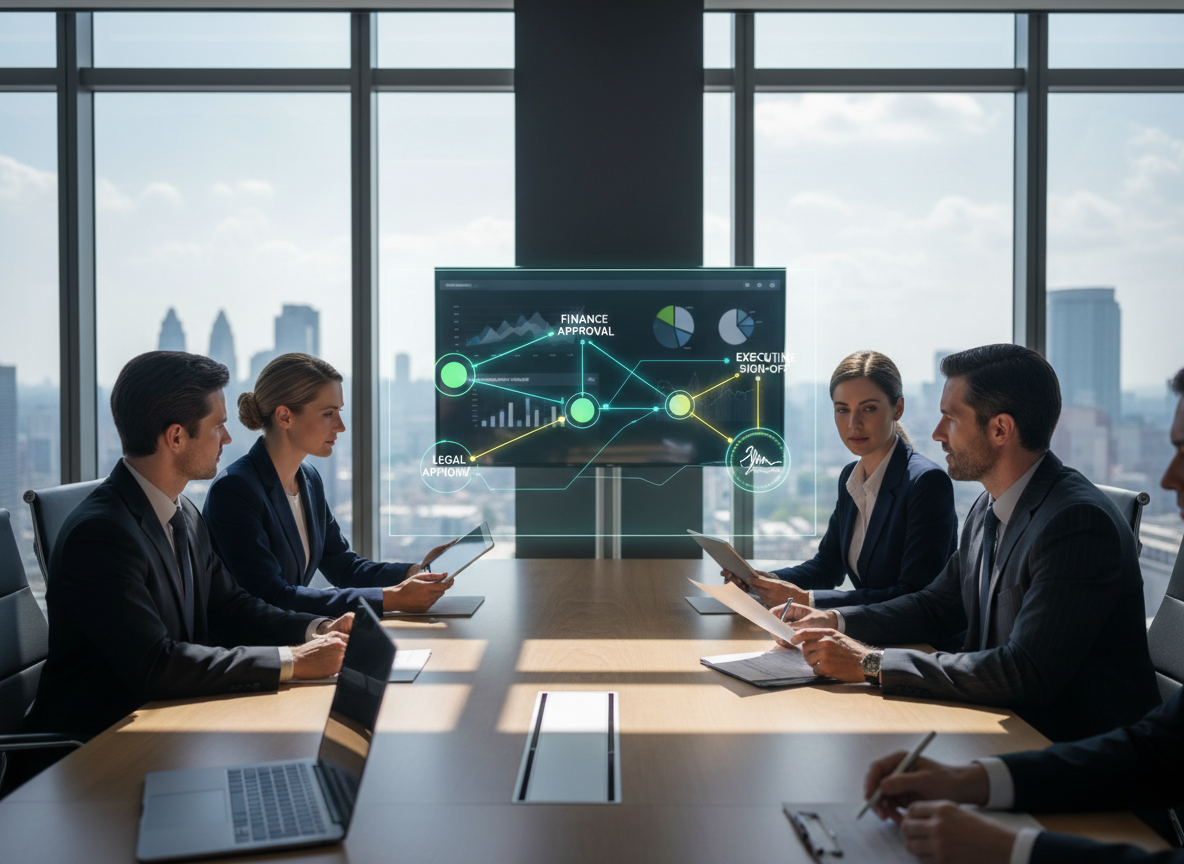 A modern conference room with diverse professionals collaborating on holographic workflow nodes, symbolizing multi-stakeholder decision-making.