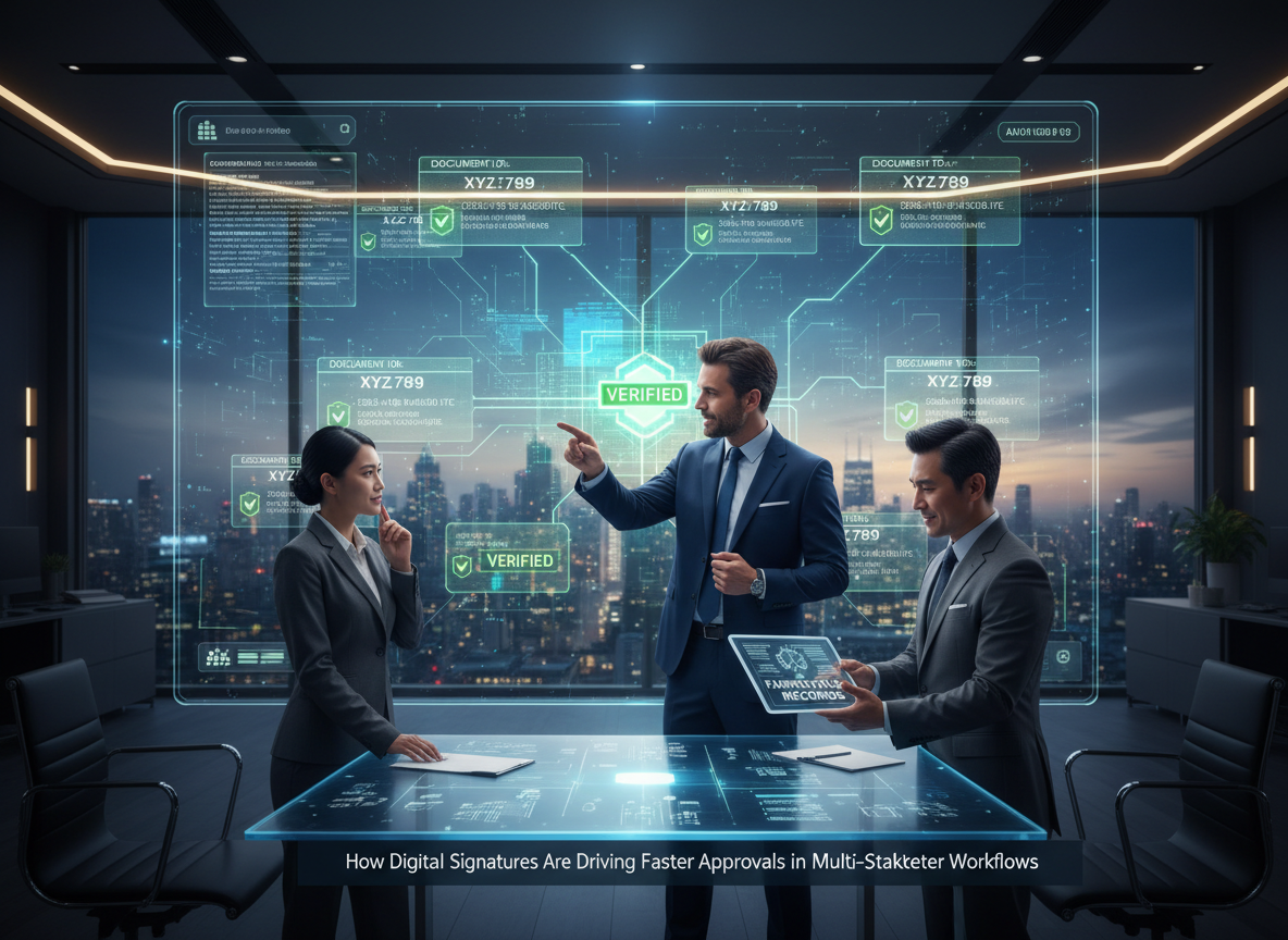 Business team in a futuristic office reviewing a blockchain on a digital wall screen, showcasing the benefits of transparency and security in digital signatures.