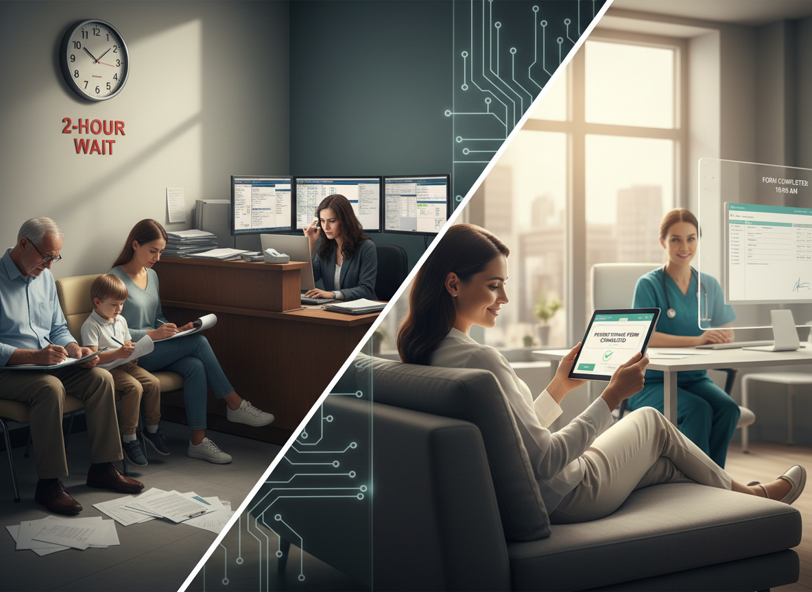 Split image showing patient intake process with paper forms versus digital signatures, highlighting reduced wait times and fewer errors.