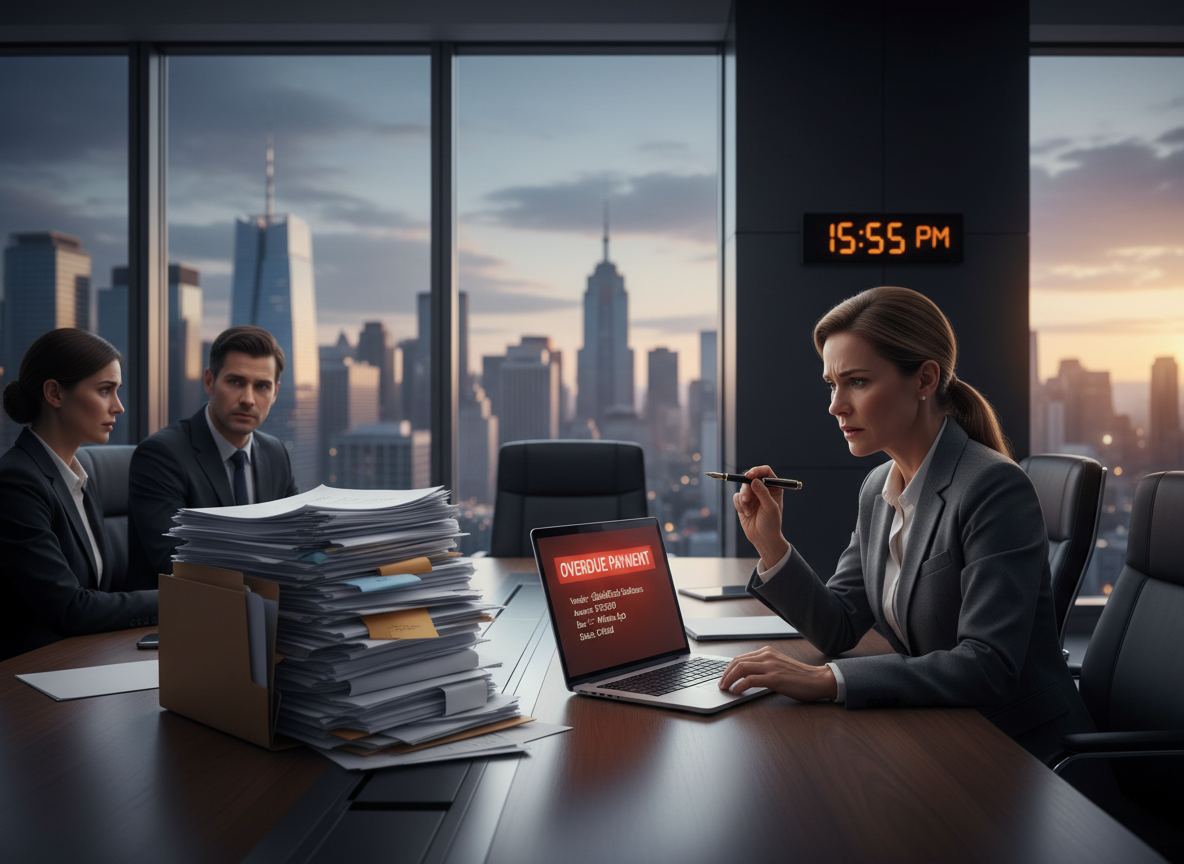A stressed CFO in a boardroom surrounded by paper invoices and an overdue payment notification on a laptop, symbolizing inefficiencies in traditional financial approvals.