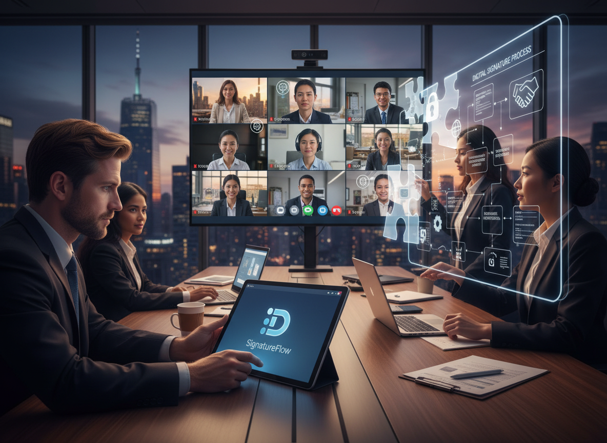 A hybrid work environment with a diverse team on a video call and fragmented puzzle pieces symbolizing remote collaboration challenges.