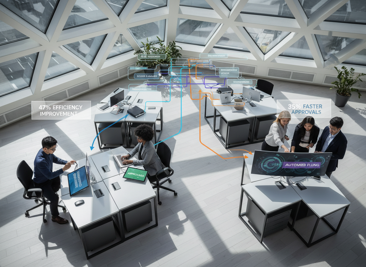 Overhead view of a co-working space with desks showing digital document workflow stages and holographic flowcharts.