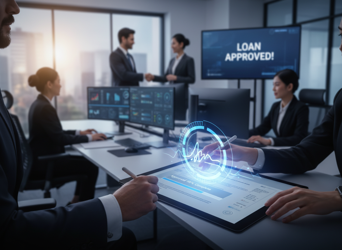 A glowing digital signature being applied to a loan document, illustrating how digital signatures speed up loan approvals.