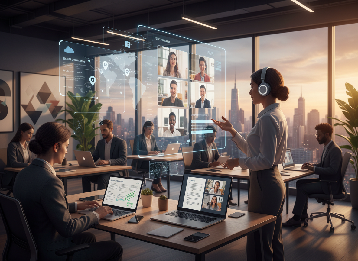 A co-working space filled with professionals collaborating remotely via laptops and tablets, with holographic data overlays symbolizing global teamwork.