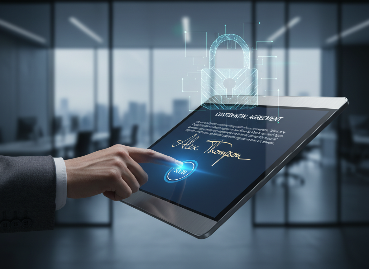 Close-up of a tablet screen showing a digital document being signed with cryptographic animations in the background.
