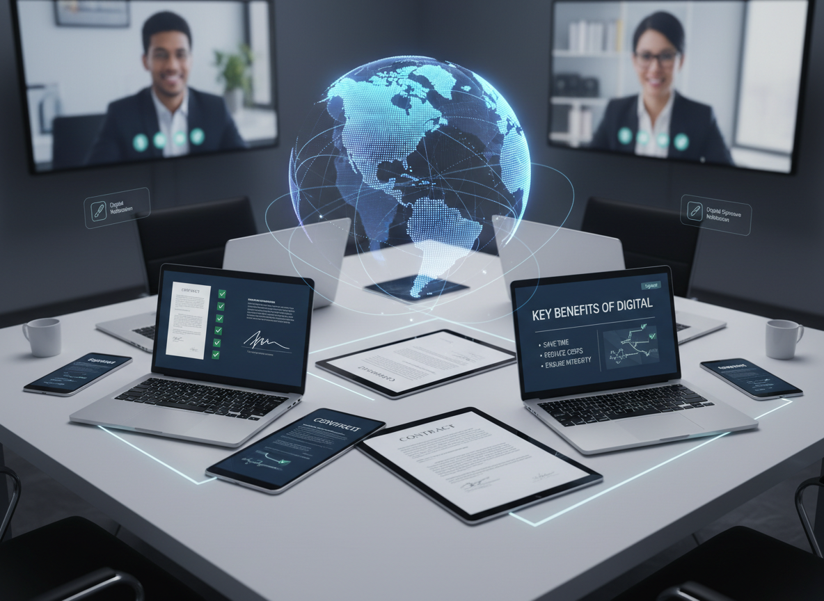 Overhead view of a desk with devices showing signed digital documents, with a glowing world map symbolizing global collaboration.