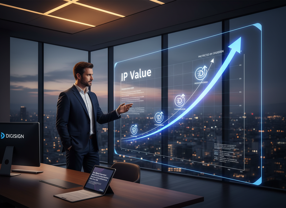 A business analyst in a modern office views a graph showing IP value increase with digital signature benefits.