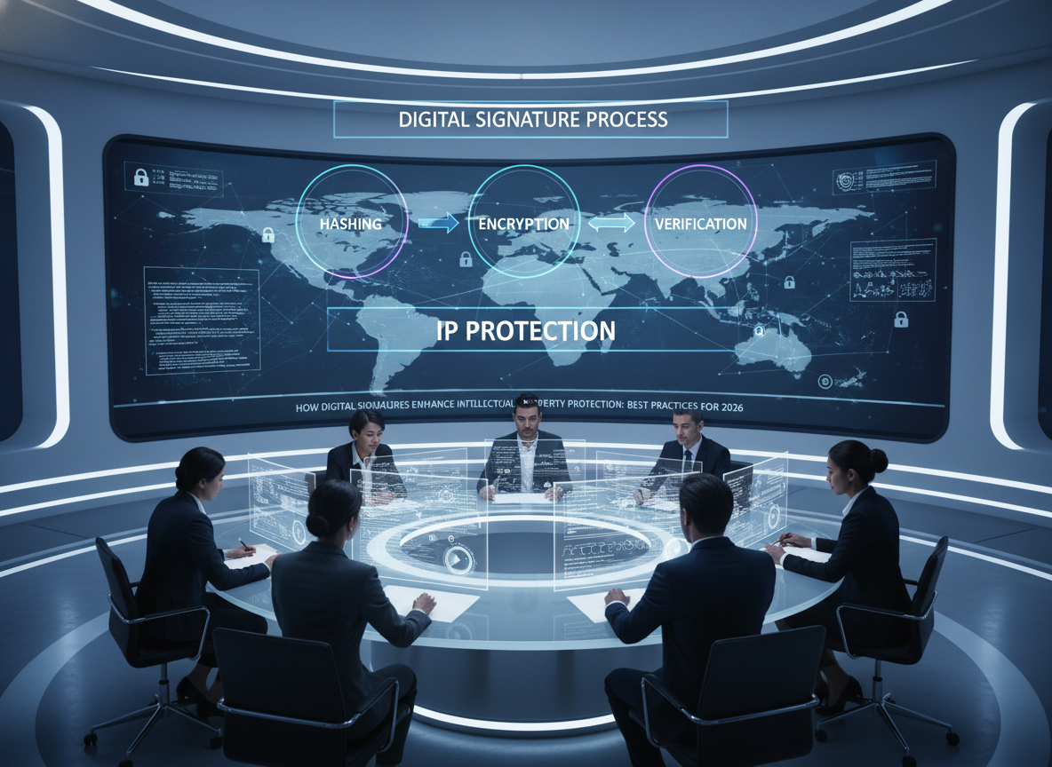 A diverse team in a high-tech room views a 3D diagram of the digital signature process with hashing, encryption, and verification.