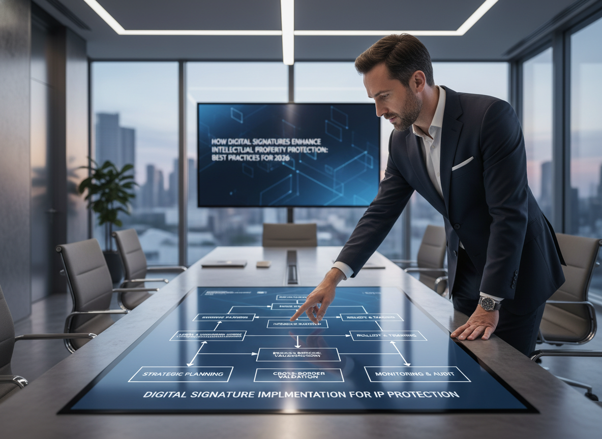 A project manager in a conference room views a flowchart of digital signature implementation with key actions.