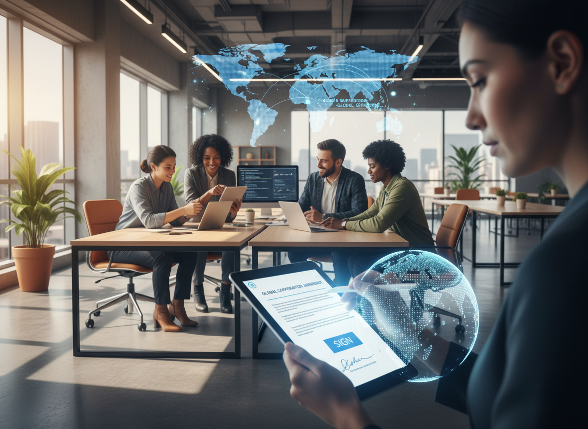 International team collaborating in a modern co-working space with a digital globe overlay, representing global business connectivity.