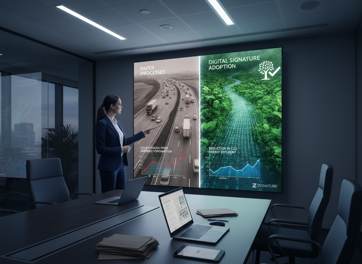 Sustainability officer in conference room pointing at display comparing carbon footprints of paper vs digital.