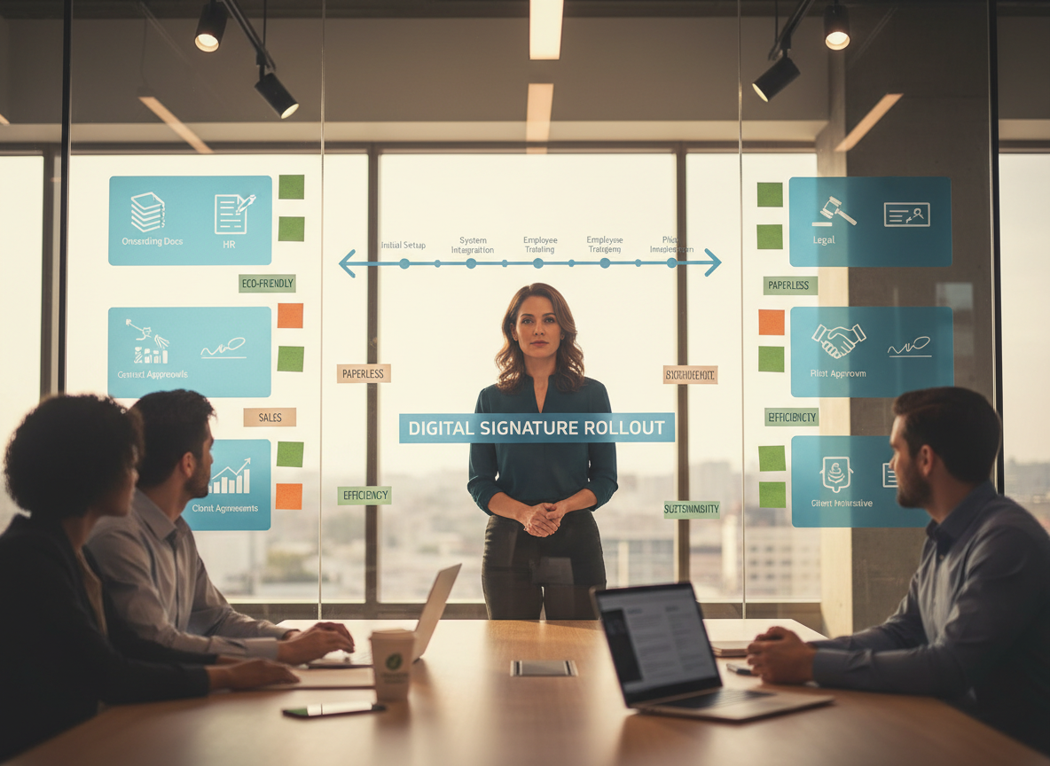 Operations manager in a startup with glass wall timeline showing digital signature integration across departments.