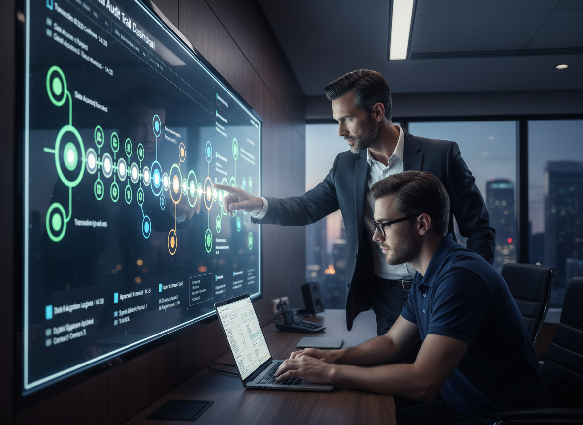 Interactive boardroom scene showcasing a digital audit trail timeline, with business professionals analyzing entries to illustrate organizational transparency.