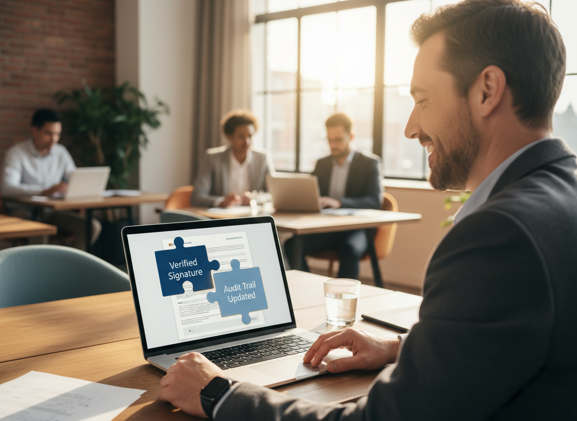 Co-working space scene showing a digital signature being applied to a document with confirmation notifications, emphasizing the benefits of secure and efficient audit trails.