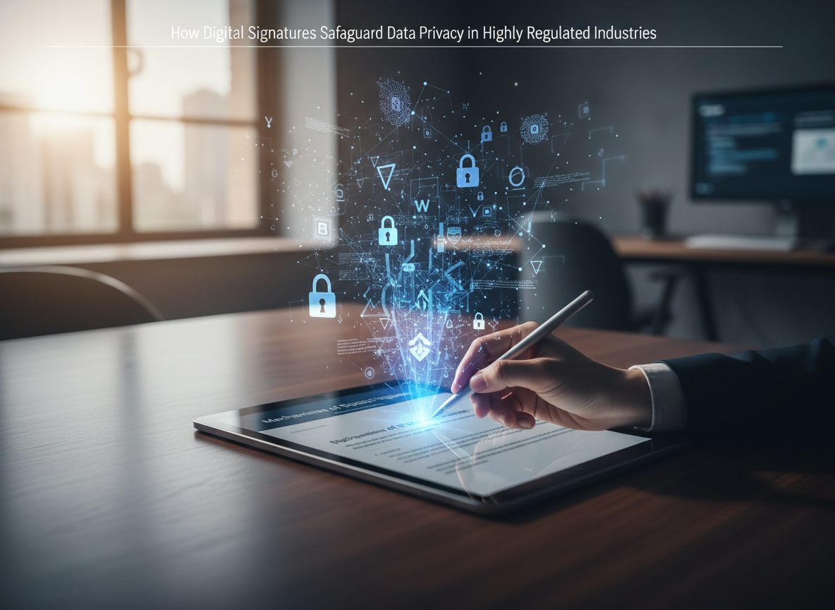 Overhead view of a digital signature being applied on a tablet, with holographic cryptographic symbols representing security mechanisms.