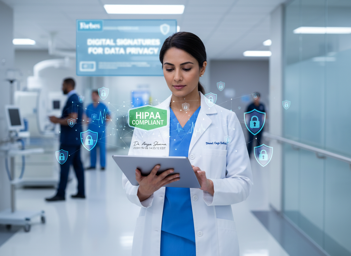 Doctor in a hospital corridor reviewing a digitally signed medical record with holographic shields signifying HIPAA-compliant data protection.