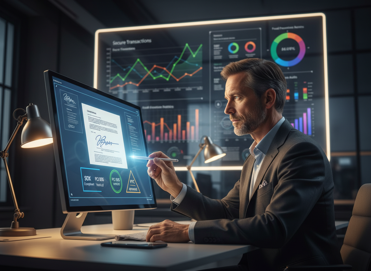 Finance office with a compliance officer validating a digital signature on a transaction, showing compliance stamps like SOX, PCI DSS, and KYC.