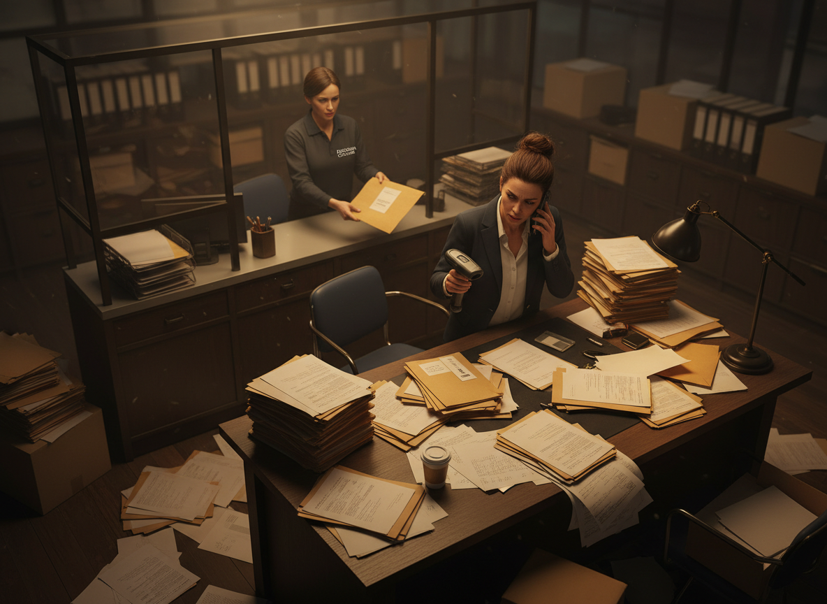 A chaotic law office with paper contracts spilling over a desk and a stressed paralegal juggling tasks, symbolizing the inefficiencies of traditional contract amendment processes.
