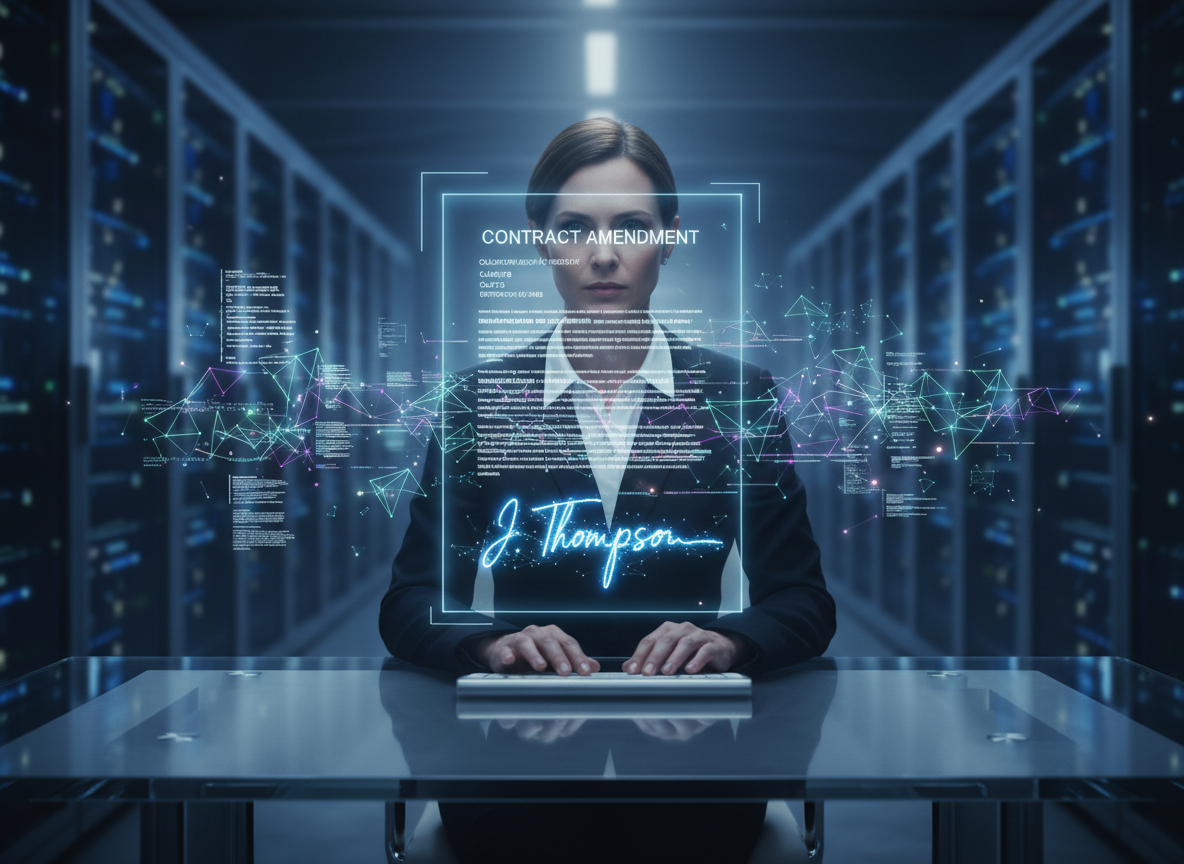 A futuristic workspace with a legal professional interacting with a holographic contract, surrounded by cryptographic code, symbolizing the security and authenticity of digital signatures.