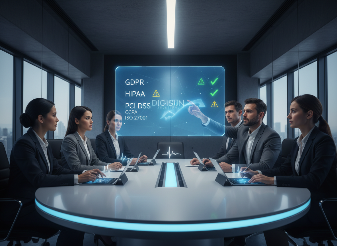 Futuristic corporate boardroom with executives reviewing holographic compliance dashboard displaying GDPR, HIPAA, and SOX regulations.