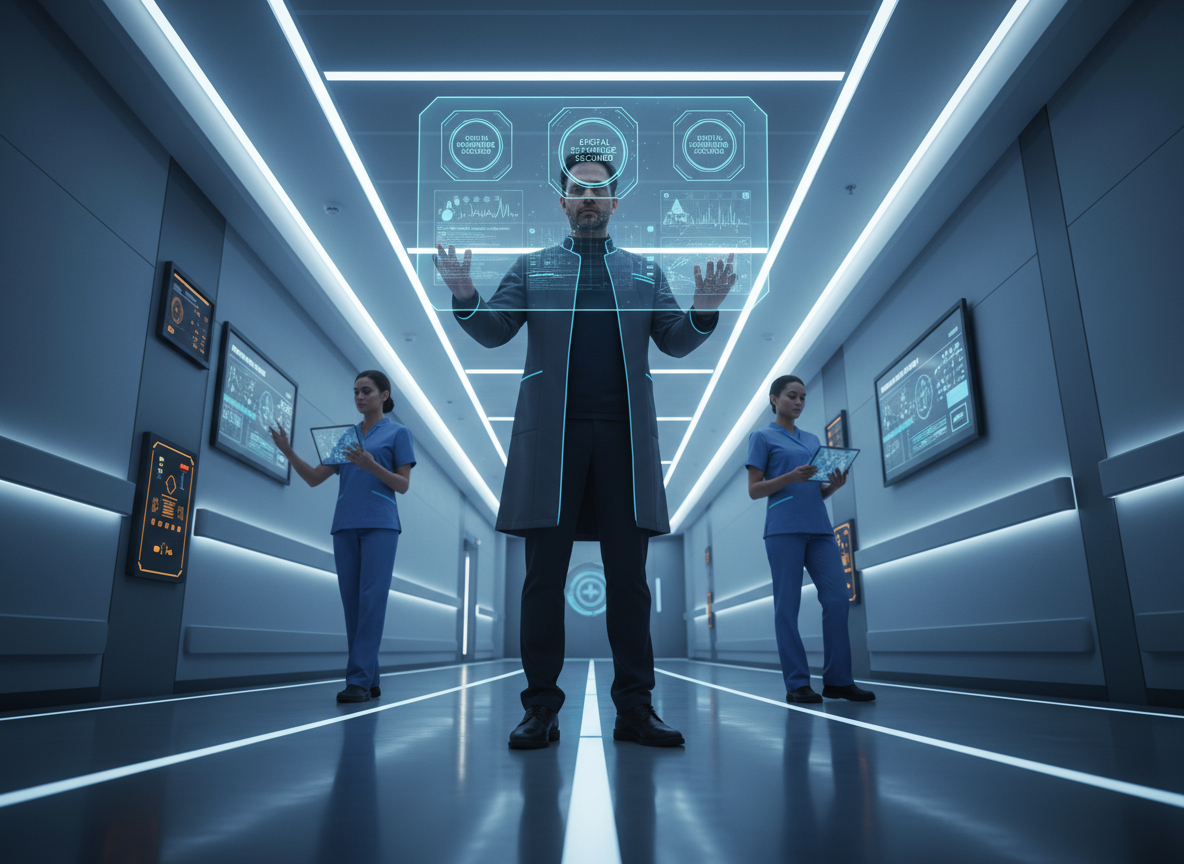 A futuristic hospital corridor showcasing digital signatures in use, with glowing holographic seals on patient charts.