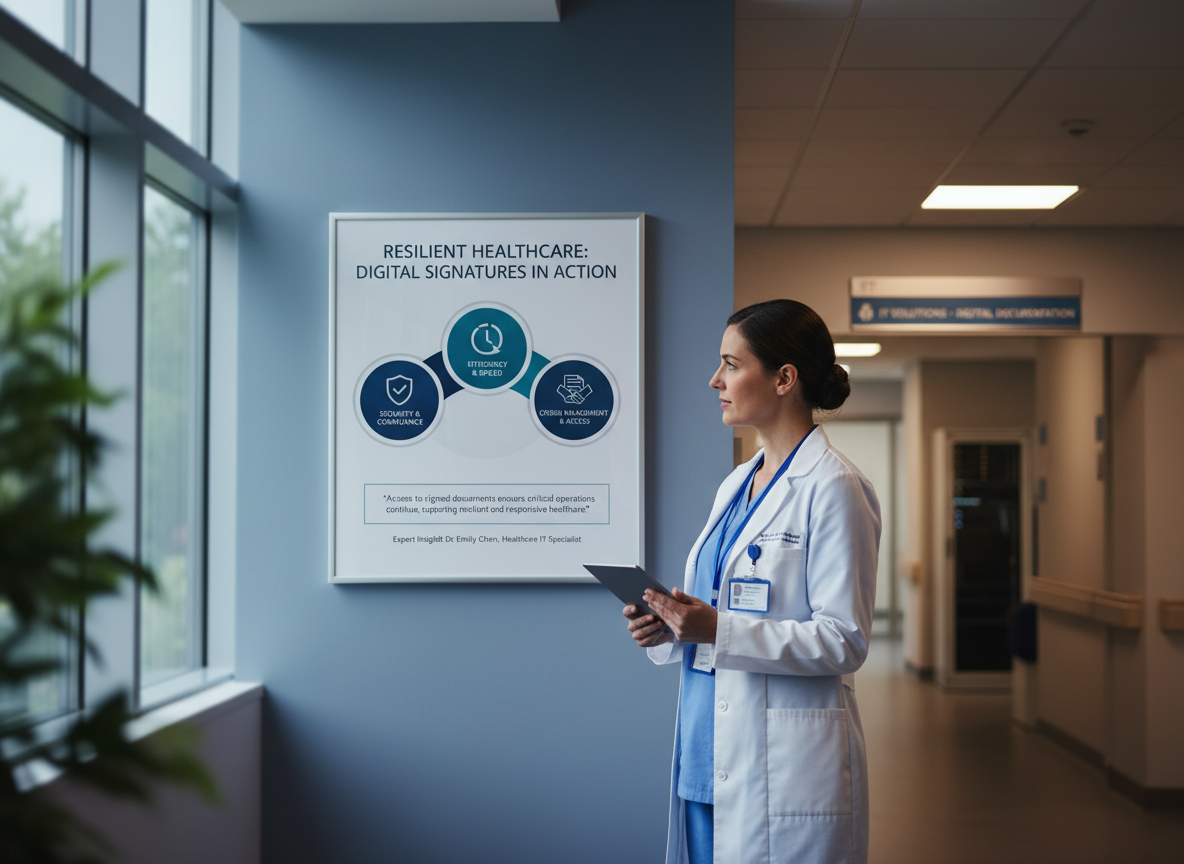 An infographic on a hospital wall illustrating digital signature benefits, with icons for security, efficiency, and crisis management.