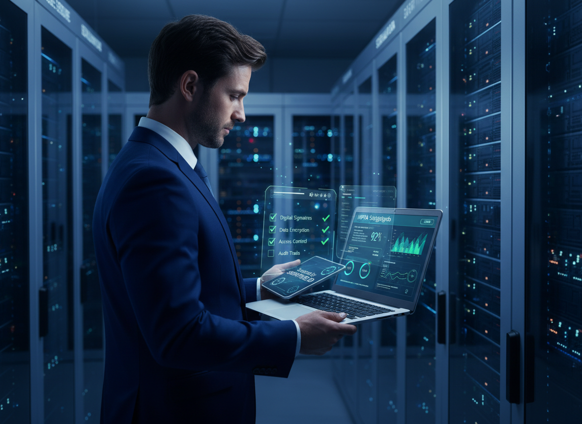 A healthcare IT professional reviews a laptop displaying a compliance dashboard with labels like 'HIPAA Safeguards,' surrounded by glowing data racks.