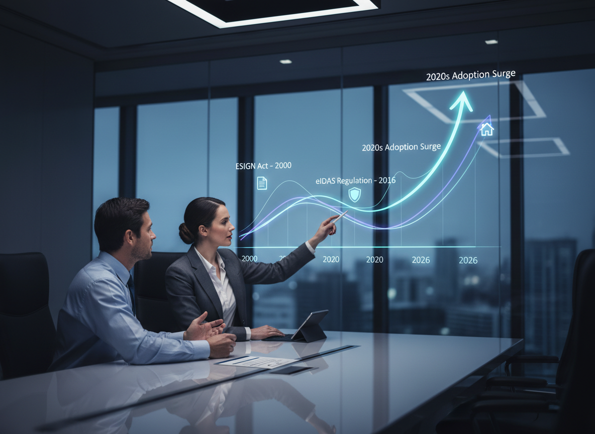 Digital timeline showing the evolution of e-signatures in real estate from 2000 to 2026, with key milestones highlighted including the <a href=