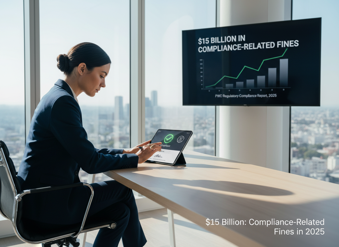 A compliance officer reviews a tablet showing an e-signature interface labeled 'Compliant,' with a graph displaying $15 billion in fines in the background.