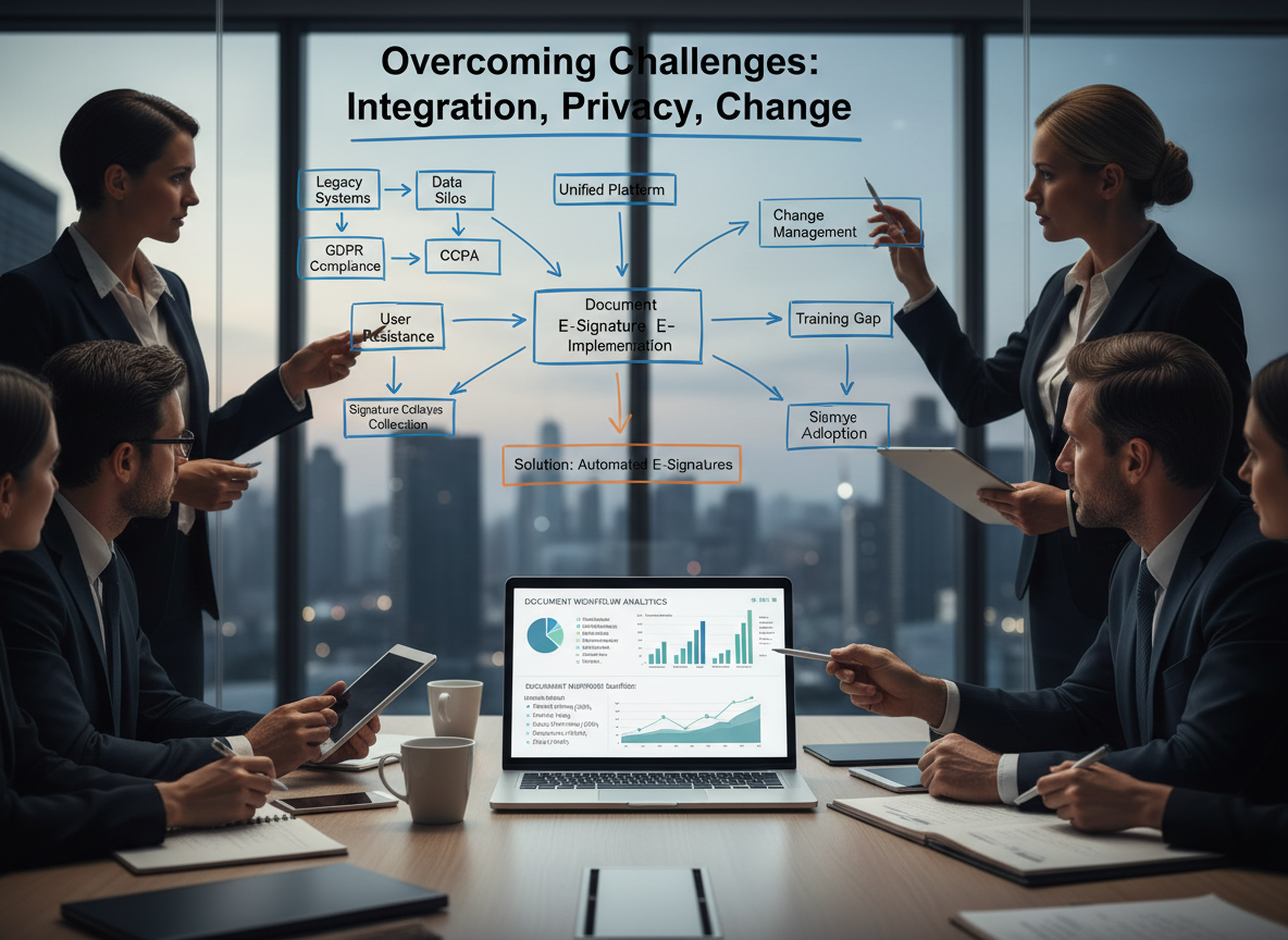 A boardroom scene where executives strategize on a whiteboard about integration, privacy, and resistance to change challenges, with an analytics dashboard in view.