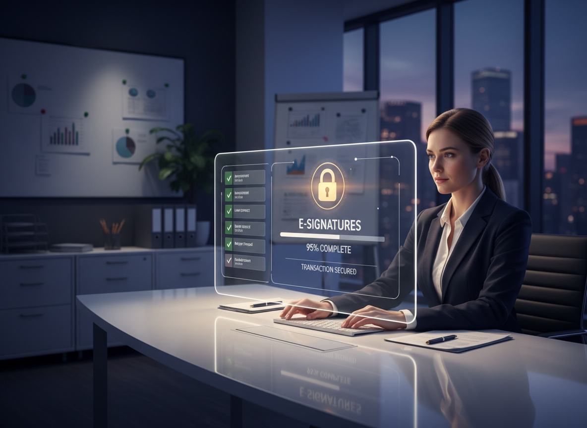 A finance professional reviewing a digital dashboard with signed financial documents, security icons, progress bars, and timestamps, symbolizing e-signature accuracy.