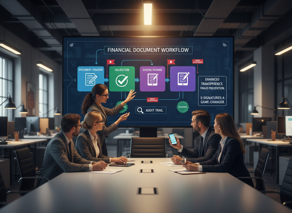 Workflow diagram on a digital screen showing document creation, validation, and signing steps with error prevention checkpoints highlighted.