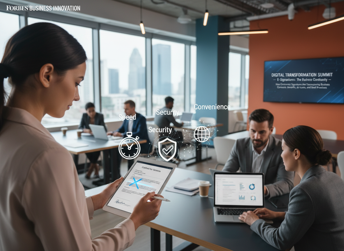An entrepreneur in a co-working space signs a digital contract on a tablet, surrounded by icons for speed, security, and convenience.