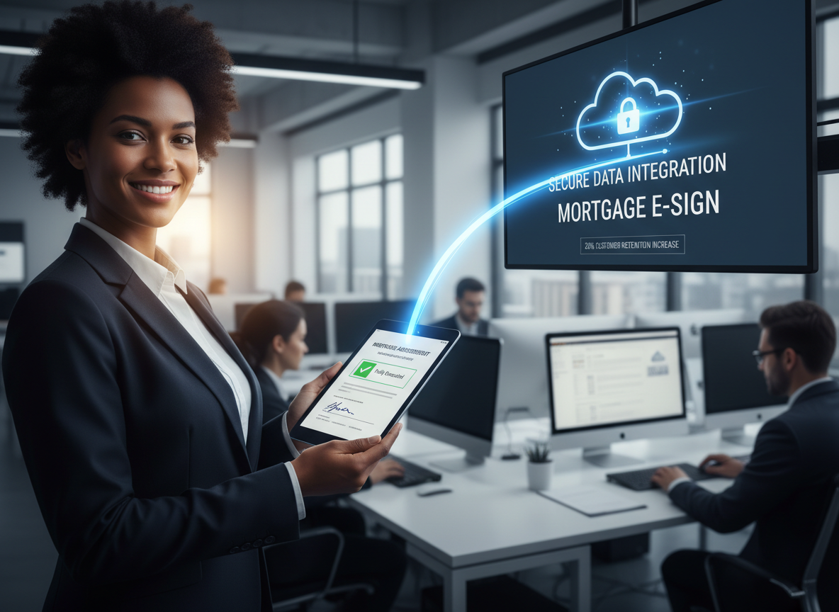 A satisfied mortgage customer holds a tablet with a signed agreement, while a glowing arc connects their tablet to a digital server icon in the background.